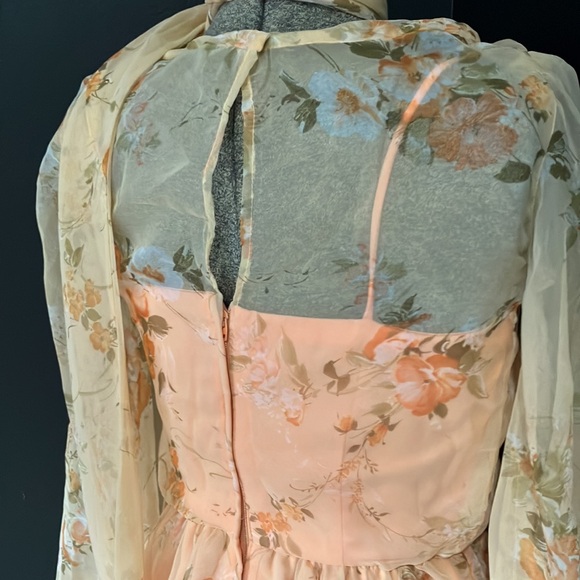 Vintage 1970s Handmade Floral Chiffon & Orange Dress with Matching Scarf - Picture 4 of 13